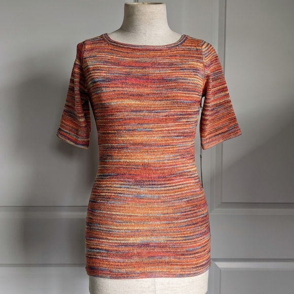 Vertigo Top Space Dye Multicolor Knit Elbow Length Sleeve Round Neck S NWT - Picture 1 of 12